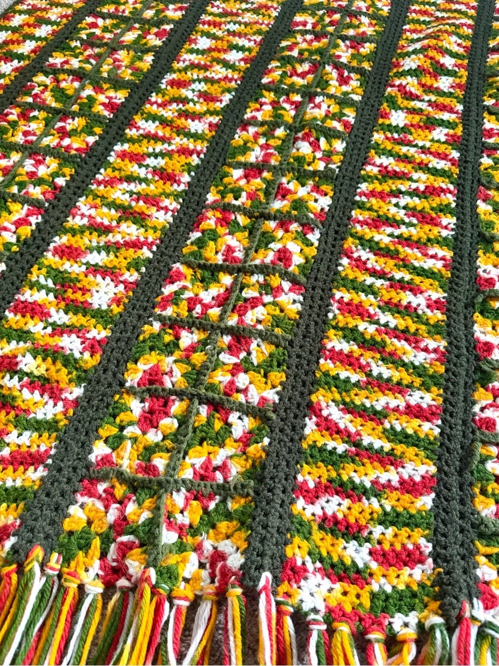 Handmade Crochet Fringe Throw Blanket in Green, Yellow & Red